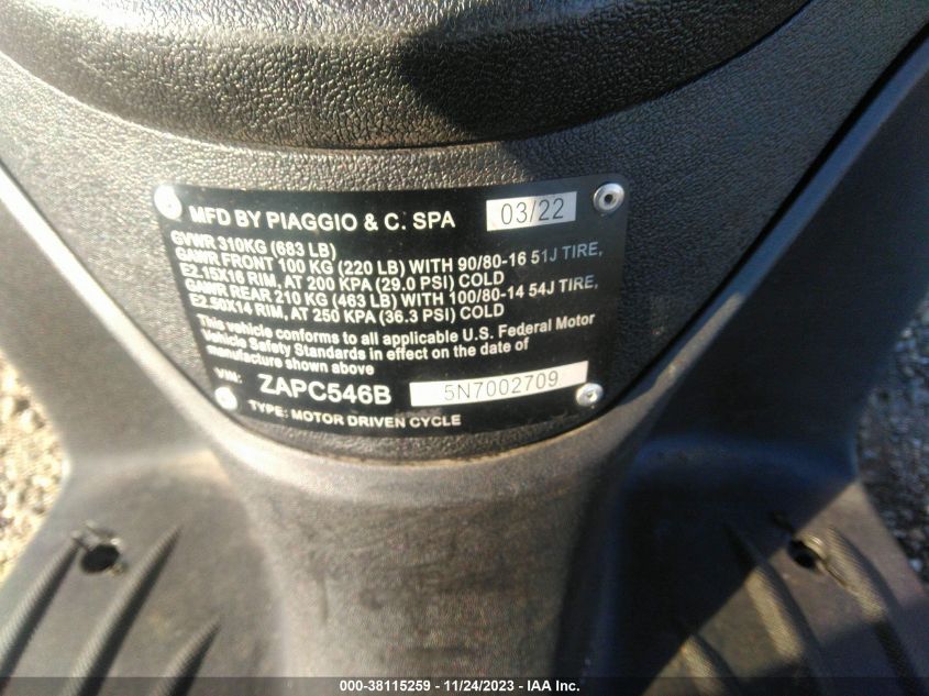 2022 PIAGGIO LIBERTY 50/50 S ZAPC546B5N7002709