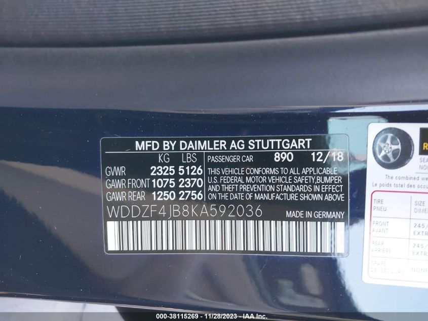2019 MERCEDES-BENZ E 300 WDDZF4JB8KA592036