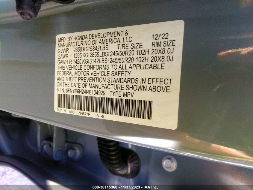 2022 HONDA PILOT SE - 5FNYF6H24NB104929