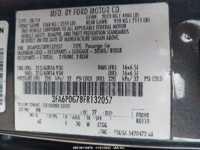 2015 FORD FUSION S - 3FA6P0G78FR132057