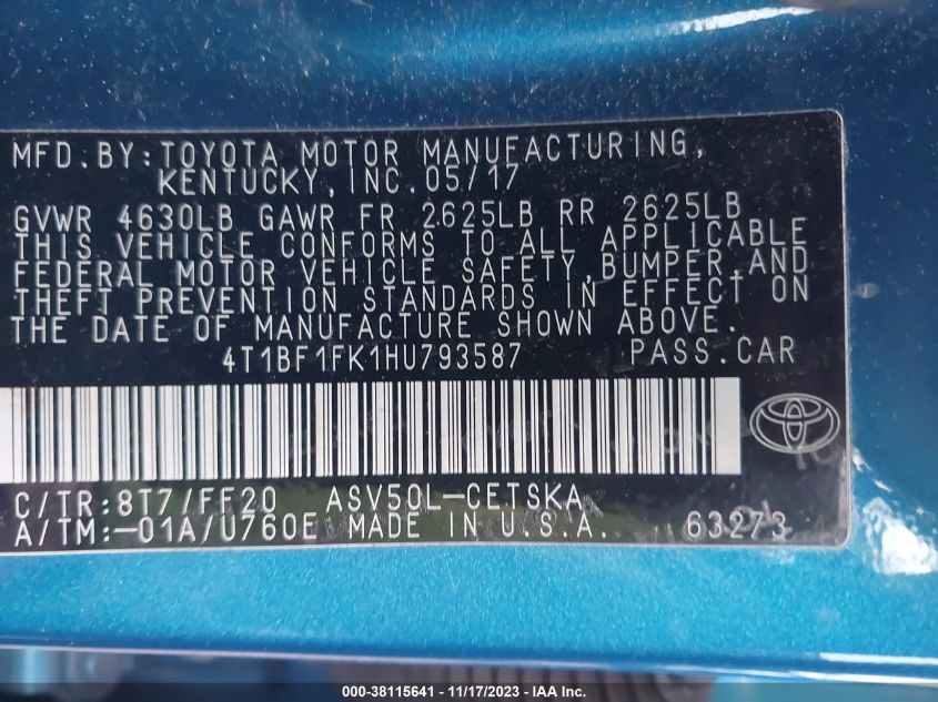 2017 TOYOTA CAMRY SE - 4T1BF1FK1HU793587