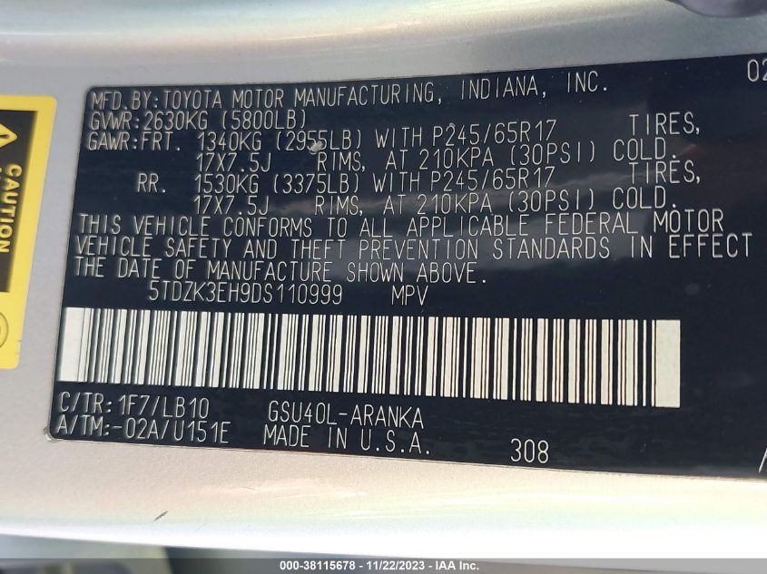 2013 TOYOTA HIGHLANDER SE V6 - 5TDZK3EH9DS110999