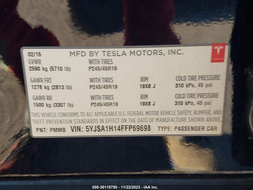 2015 TESLA MODEL S 60/70/85 - 5YJSA1H14FFP69698