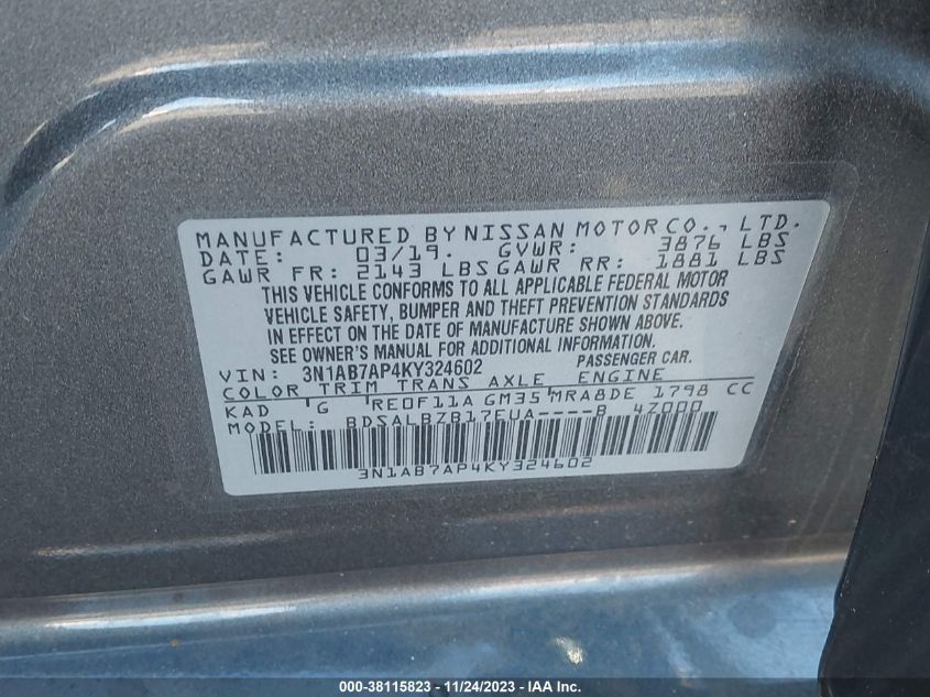 2019 NISSAN SENTRA S - 3N1AB7AP4KY324602