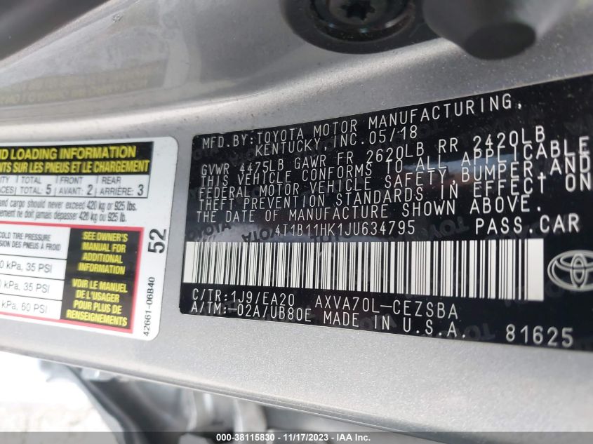 2018 TOYOTA CAMRY SE - 4T1B11HK1JU634795