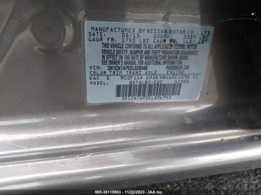 2014 NISSAN VERSA 1.6 SV - 3N1CN7AP0EL826945