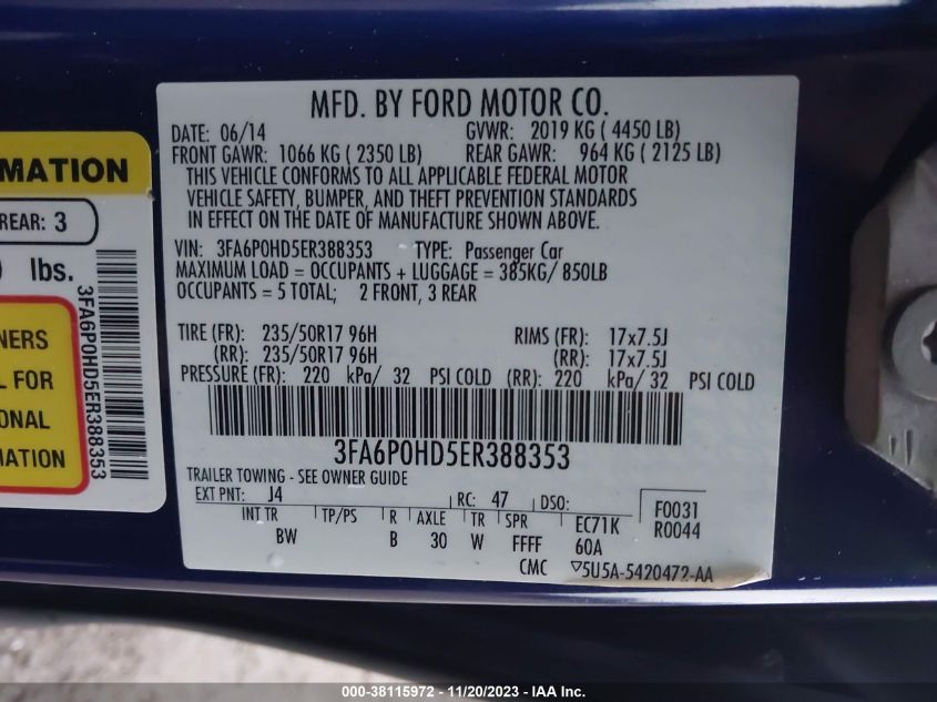 2014 FORD FUSION SE - 3FA6P0HD5ER388353