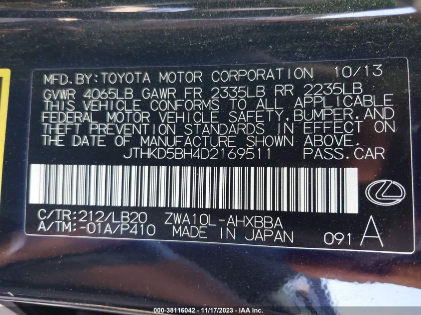 2013 LEXUS CT 200H HYBRID - JTHKD5BH4D2169511