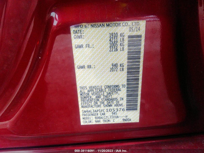 2015 NISSAN ALTIMA 2.5 S - 1N4AL3AP1FC105376