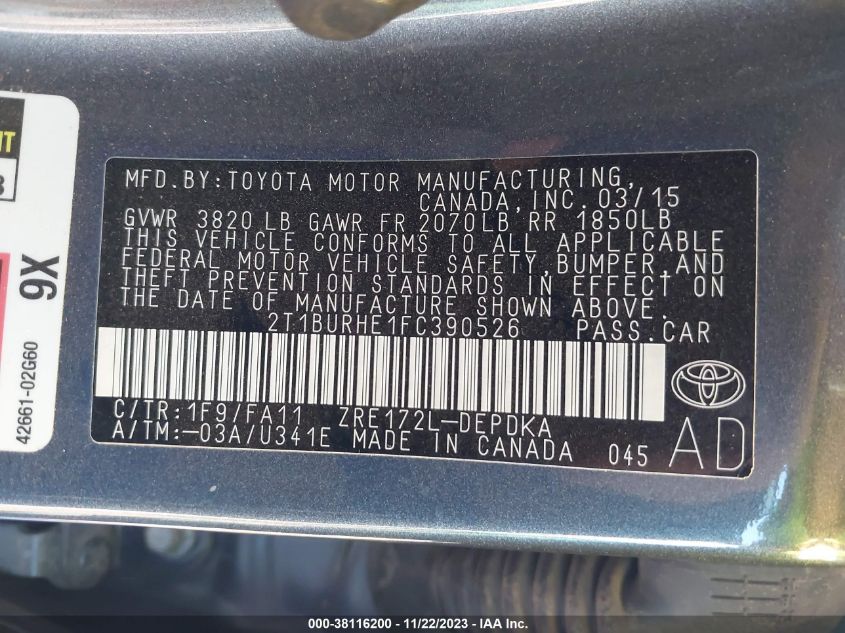 2015 TOYOTA COROLLA L/LE/S/S PLUS/LE PLUS - 2T1BURHE1FC390526