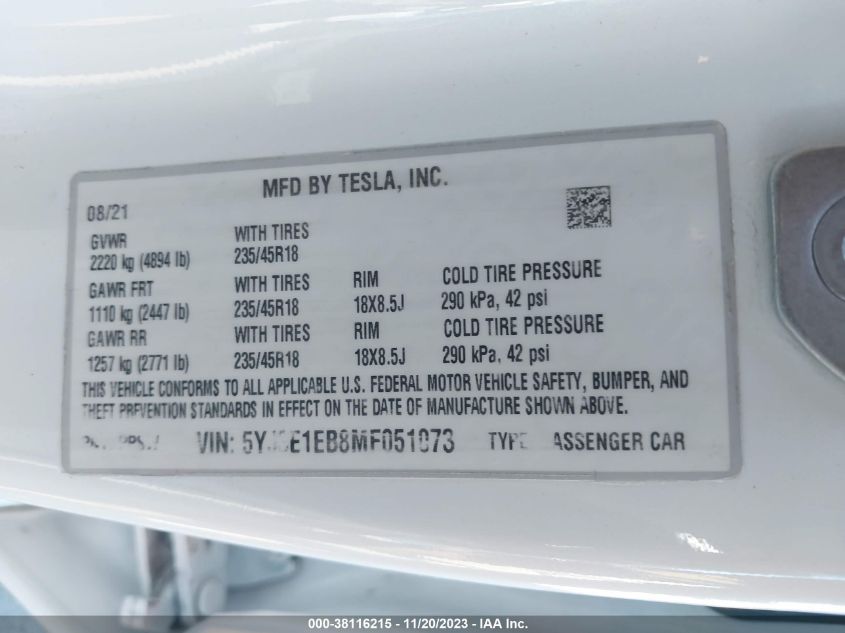 2021 TESLA MODEL 3 LONG RANGE - 5YJ3E1EB8MF051073