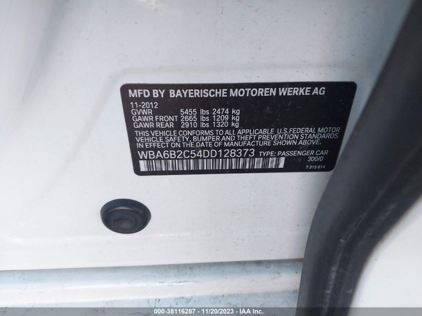 2013 BMW 6 SERIES 650I WBA6B2C54DD128373