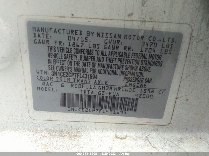 2015 NISSAN VERSA NOTE SR - 3N1CE2CP7FL431694
