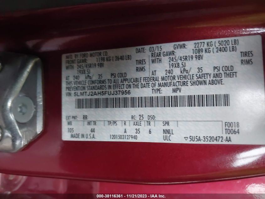 2015 LINCOLN MKC - 5LMTJ2AH5FUJ37956