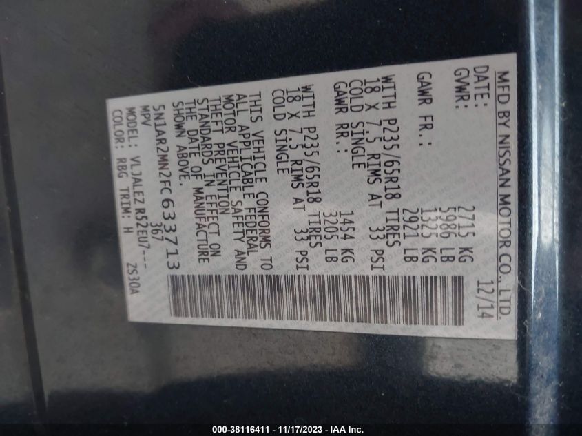 2015 NISSAN PATHFINDER S/SV/PLATINUM/SL - 5N1AR2MN2FC633713