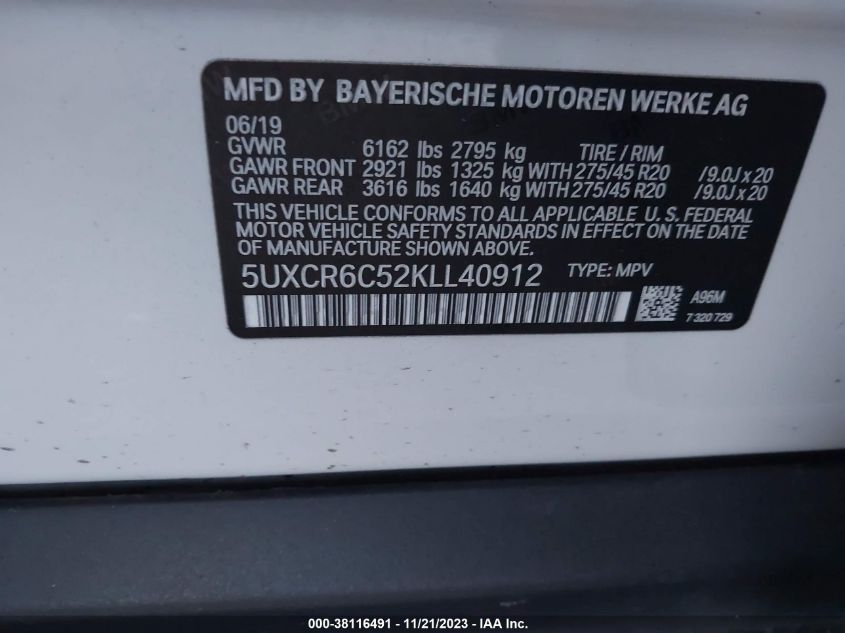 5UXCR6C52KLL40912 2019 BMW X5, photo no. 9