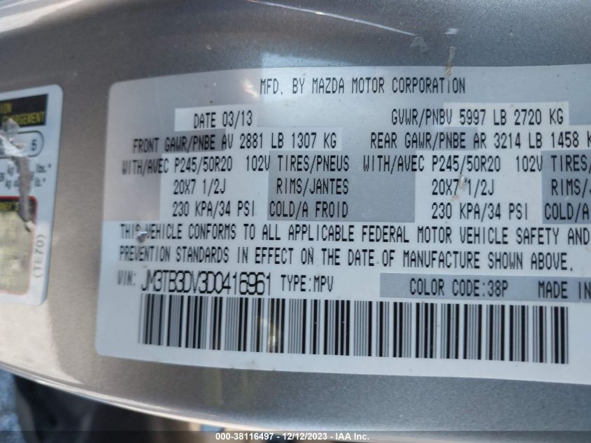 2013 MAZDA CX-9 GRAND TOURING - JM3TB3DV3D0416961