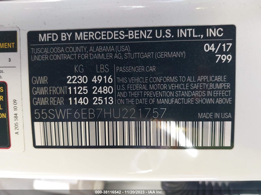 VIN 55SWF6EB7HU221757 2017 MERCEDES-BENZ AMG C 43 4MATIC
