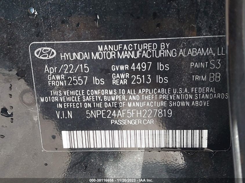 2015 HYUNDAI SONATA 2.4L SE - 5NPE24AF5FH227819