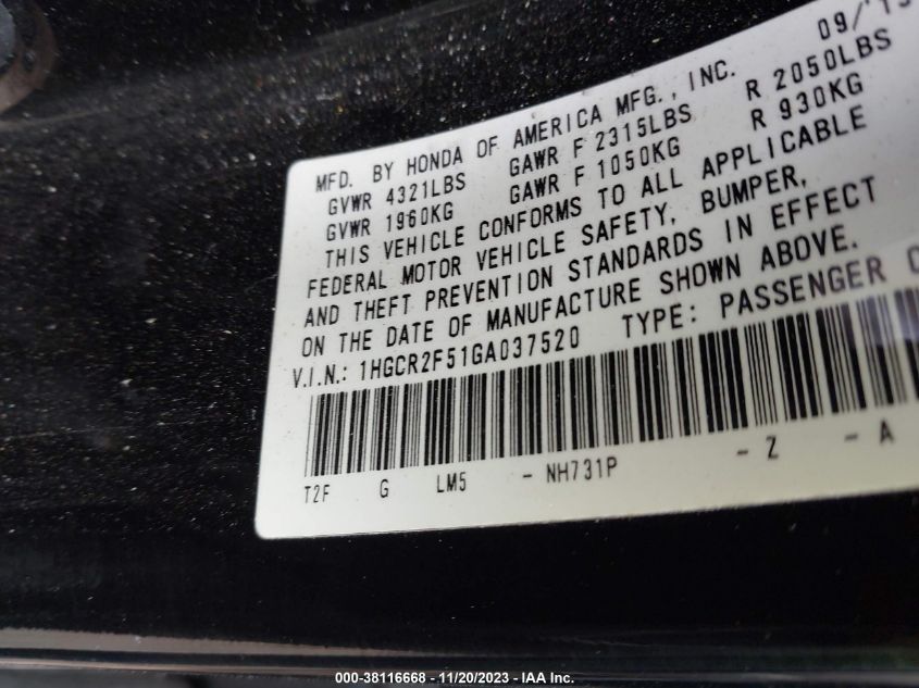 2016 HONDA ACCORD SPORT - 1HGCR2F51GA037520