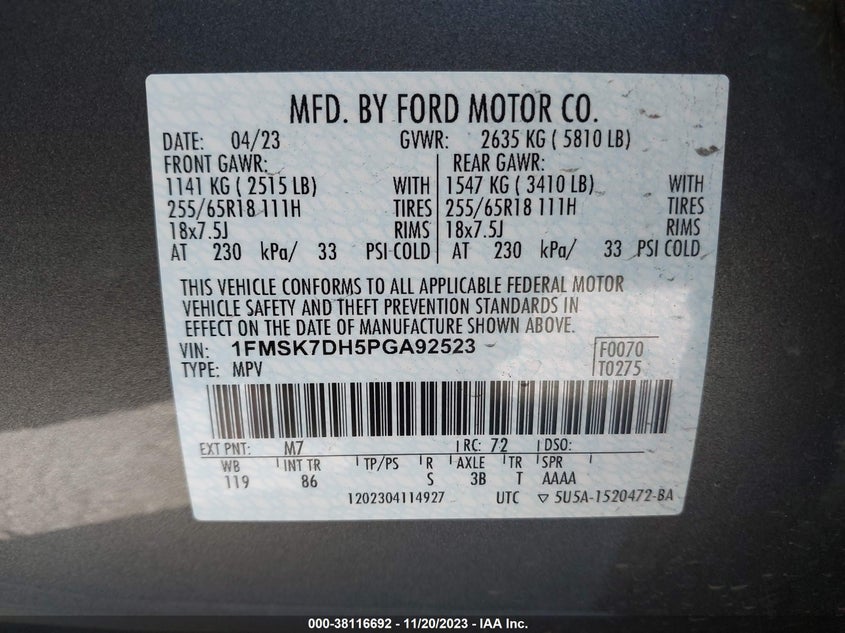 VIN 1FMSK7DH5PGA92523 2023 FORD EXPLORER XLT