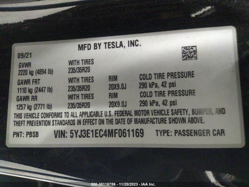 2021 TESLA MODEL 3 PERFORMANCE DUAL MOTOR - 5YJ3E1EC4MF061169