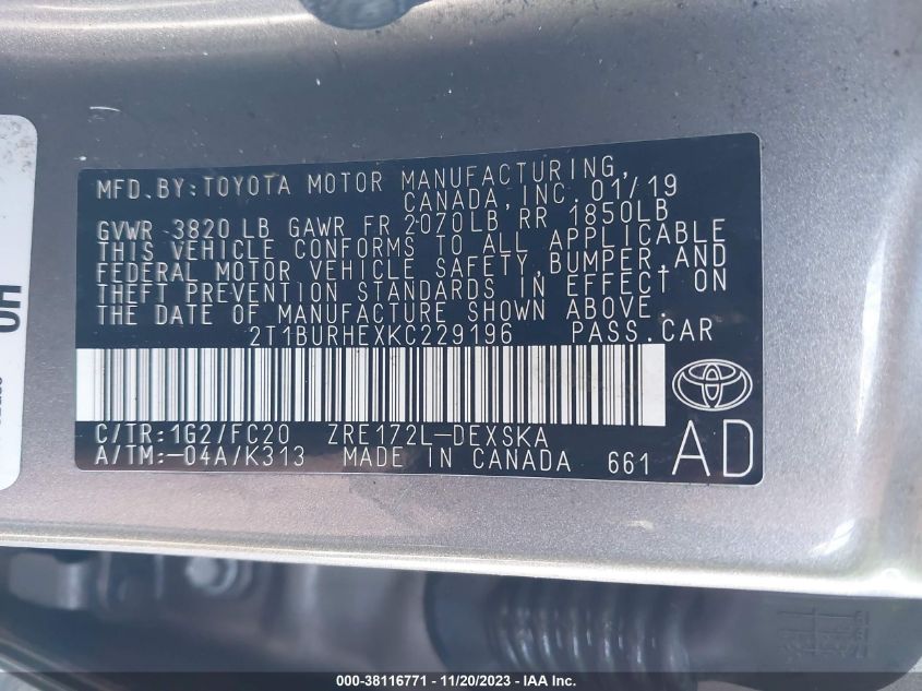 2019 TOYOTA COROLLA SE - 2T1BURHEXKC229196