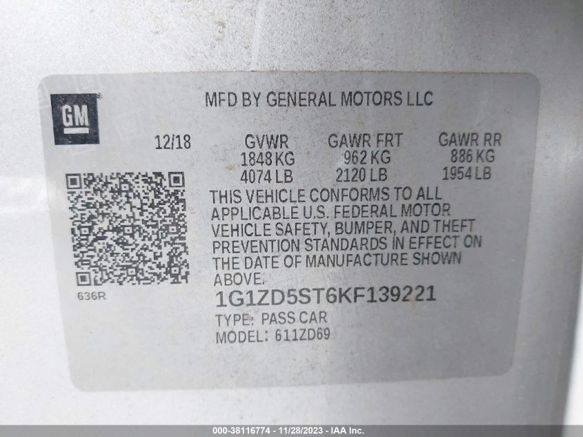 2019 CHEVROLET MALIBU LT - 1G1ZD5ST6KF139221