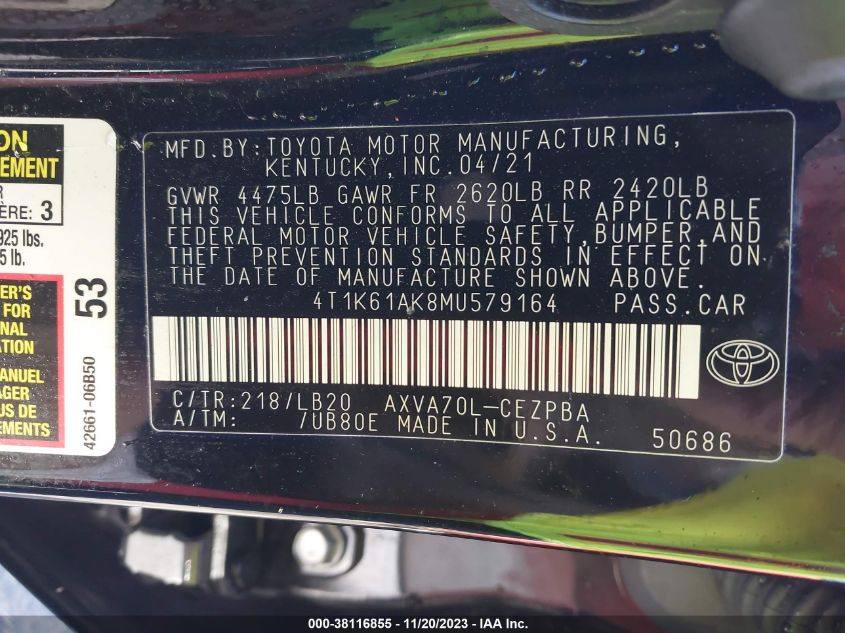 2021 TOYOTA CAMRY XSE - 4T1K61AK8MU579164