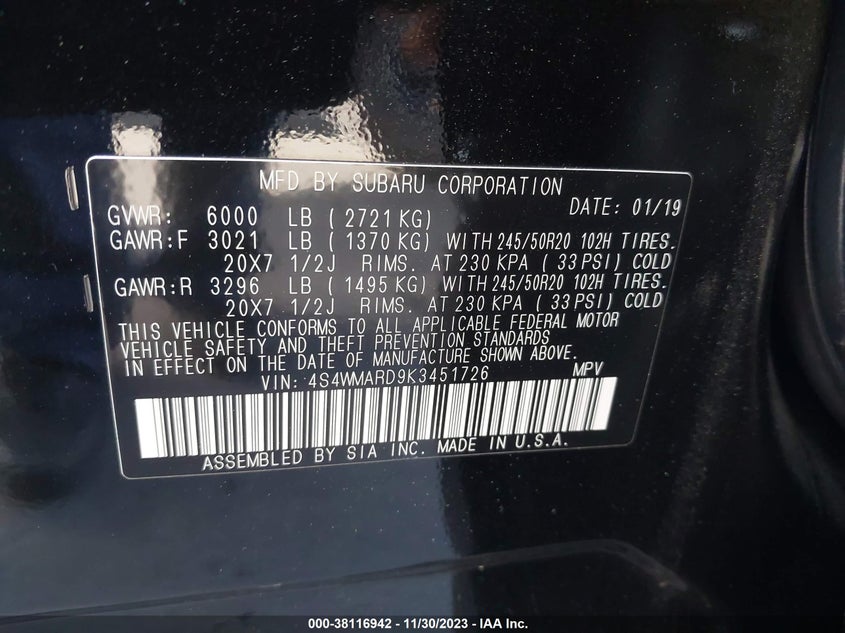 VIN 4S4WMARD9K3451726 2019 SUBARU ASCENT TOURING