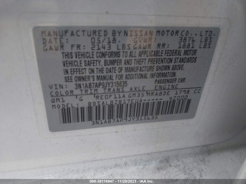2018 NISSAN SENTRA S - 3N1AB7AP9JY315635