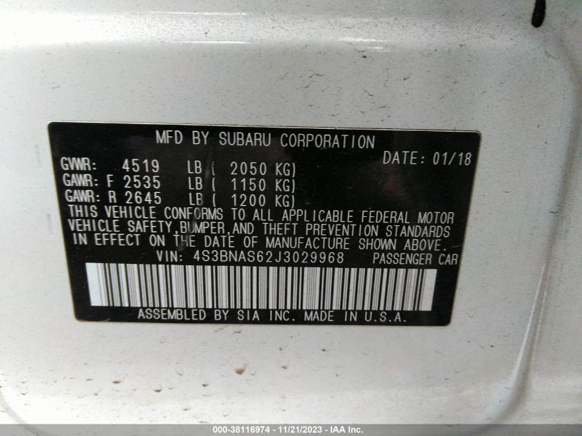 2018 SUBARU LEGACY 2.5I SPORT - 4S3BNAS62J3029968