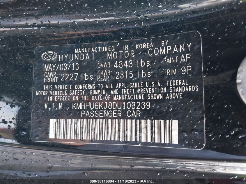 2013 HYUNDAI GENESIS 3.8 R-SPEC - KMHHU6KJ8DU103239