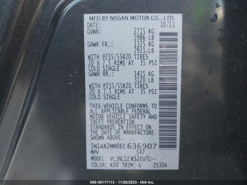 2014 NISSAN PATHFINDER PLATINUM - 5N1AR2MM0EC636907