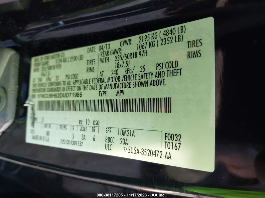 2013 FORD ESCAPE SEL - 1FMCU9H92DUD71986