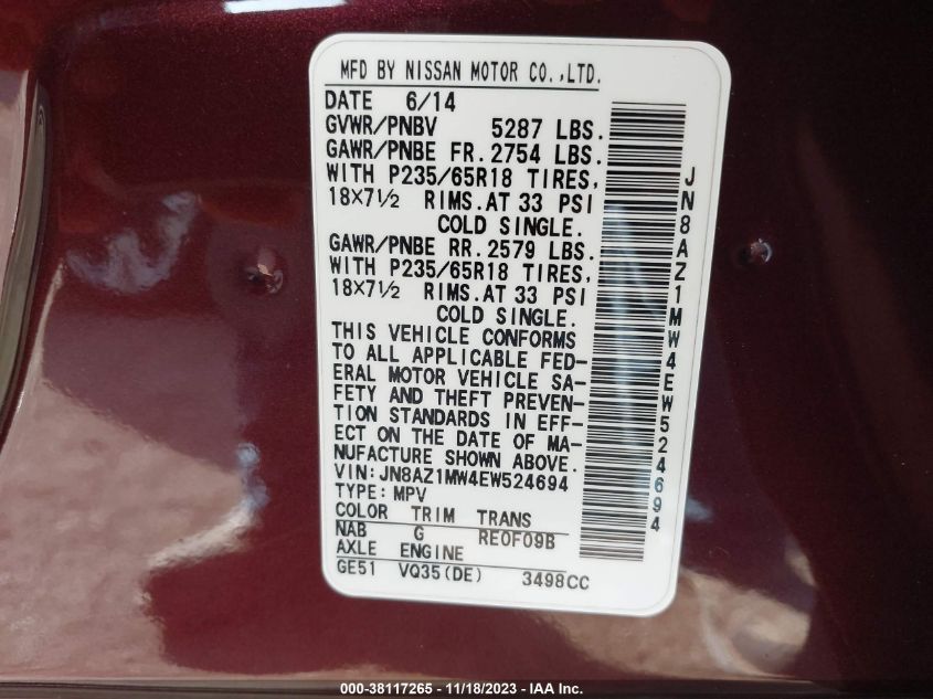 2014 NISSAN MURANO SV - JN8AZ1MW4EW524694