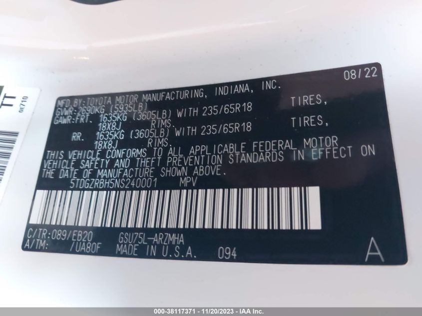 2022 TOYOTA HIGHLANDER XLE - 5TDGZRBH5NS240001