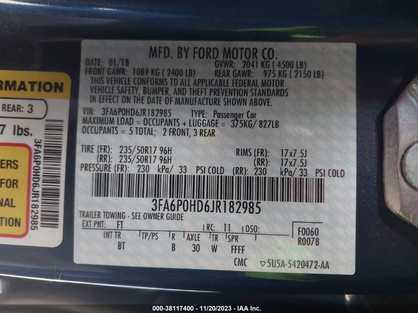 2018 FORD FUSION SE - 3FA6P0HD6JR182985