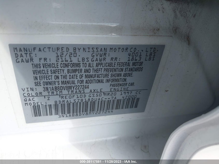 VIN 3N1AB8DV8MY227244 2021 NISSAN SENTRA SR