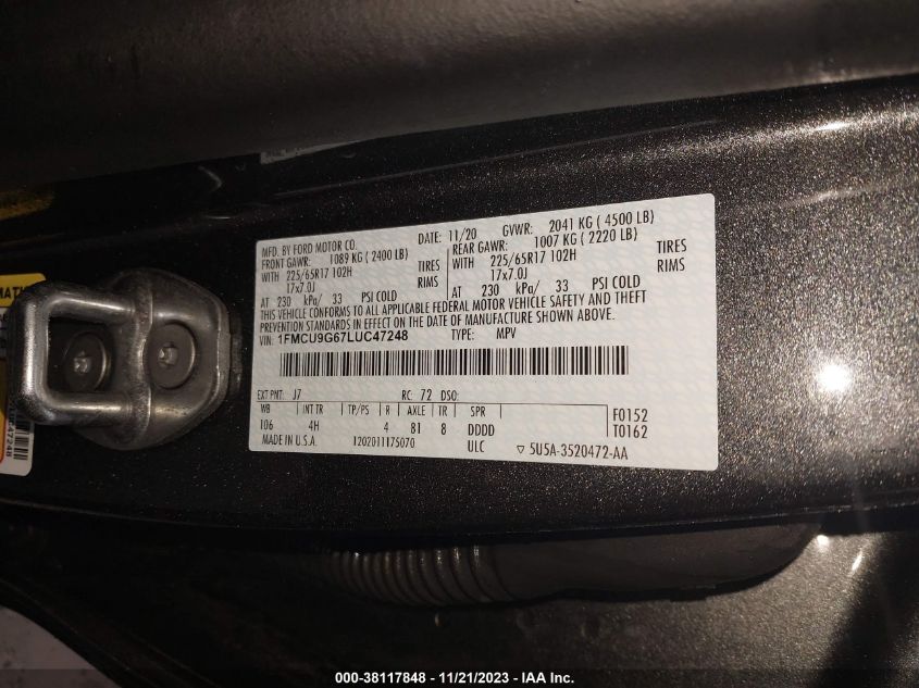 2020 FORD ESCAPE SE - 1FMCU9G67LUC47248