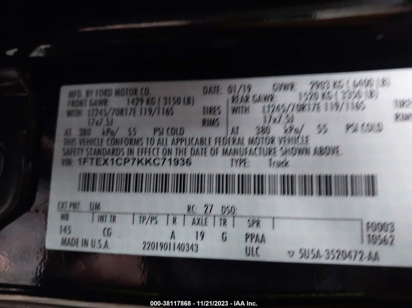 VIN 1FTEX1CP7KKC71936 2019 FORD F-150 XL
