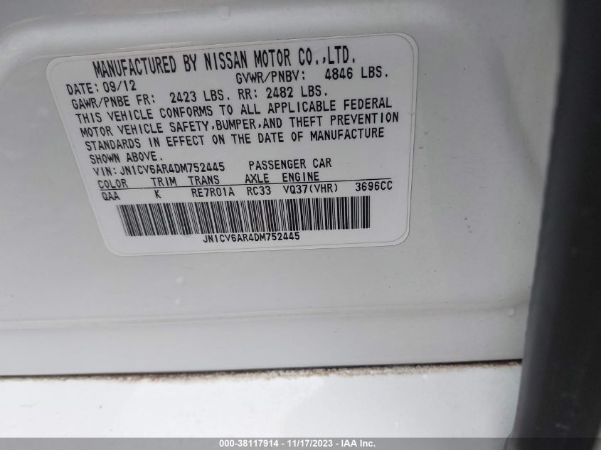 2013 INFINITI G37X - JN1CV6AR4DM752445