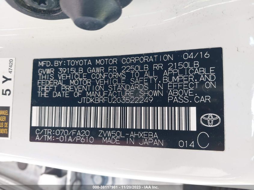 2016 TOYOTA PRIUS TWO - JTDKBRFU2G3522249