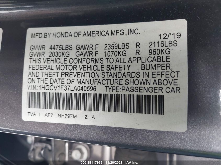 2020 HONDA ACCORD SPORT - 1HGCV1F37LA040596