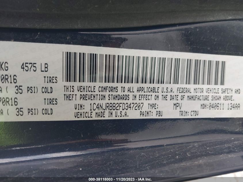 2015 JEEP PATRIOT SPORT - 1C4NJRBB2FD347207