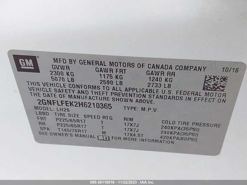 2017 CHEVROLET EQUINOX LT - 2GNFLFEK2H6210365