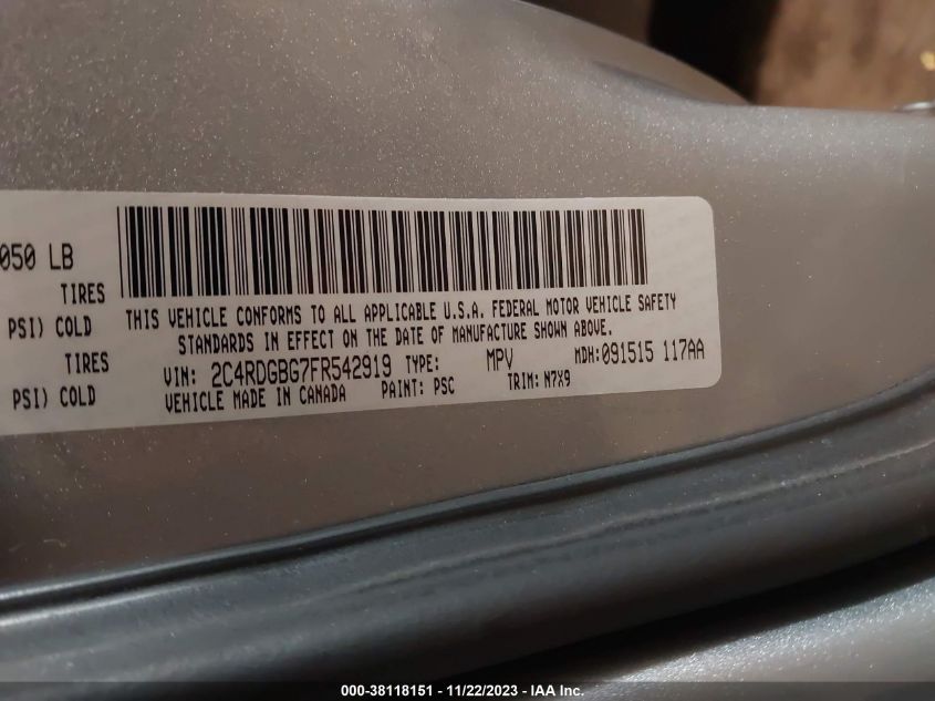 2015 DODGE GRAND CARAVAN AVP/SE - 2C4RDGBG7FR542919