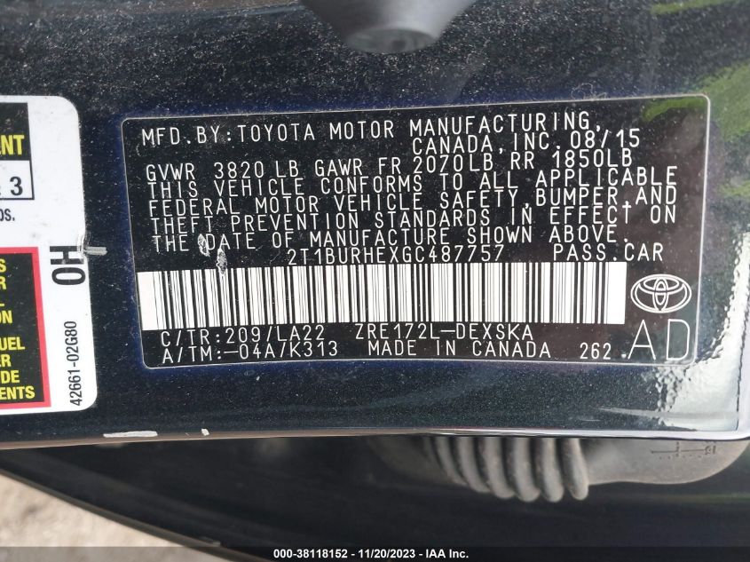 2016 TOYOTA COROLLA S PREMIUM - 2T1BURHEXGC487757