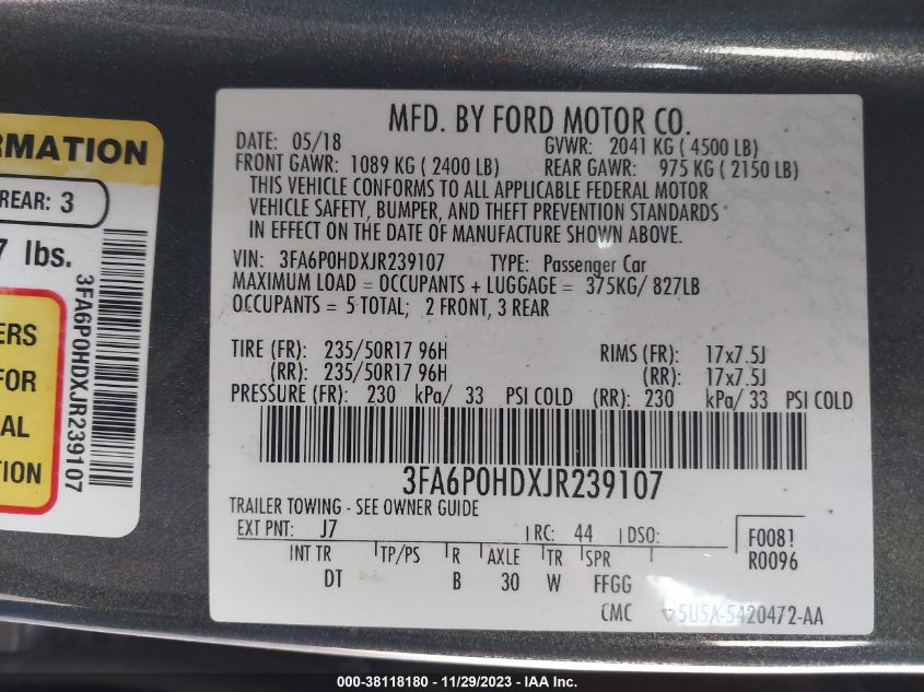 2018 FORD FUSION SE - 3FA6P0HDXJR239107