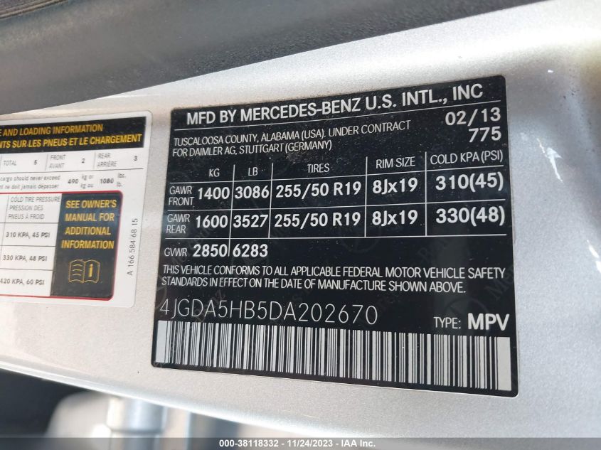 2013 MERCEDES-BENZ ML 350 4JGDA5HB5DA202670